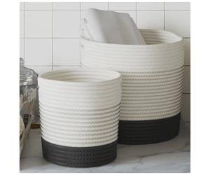 Storage Baskets 2pc White & Black Cotton Rope Foldable 28cm & 20cm Decor Handles