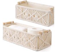 Storage Baskets Cabinet Organizer Boxes with Wooden Handles, Boho Bathroom Decor Woven Baskets for Shelves