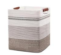 Storage Baskets Laundry Hamper - 85L Large Laundry Basket With Leather Handles, Decorative Storage Basket For Blankets - Cotton Rope Woven Baske(Rice Brown White)