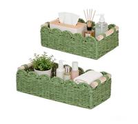 Storage Baskets Set of 2, Woven Wicker Hamper Basket with Handles, Scalloped Edge Rope Toilet Paper Tray, Organizer Bins for Bathroom, Shelf, Kitchen, Bedroom, Countertop, Home Decor (Seagrass)