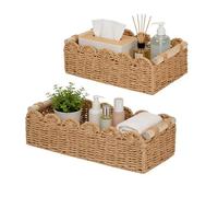 Storage Baskets Set of 2, Woven Wicker Hamper Basket with Handles, Scalloped Edge Rope Toilet Paper Tray, Organizer Bins for Bathroom, Shelf, Kitchen, Bedroom, Countertop, Home Decor (Wood Color)