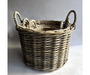 Storage Baskets, Wicker Basket, Round Log/Kindling Organisor with Handles, Small, Medium and Large Sizes (Round Short Set of 3)
