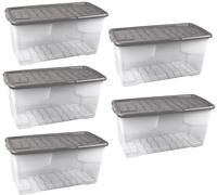 Strata 5 x 80 Litres Curve Plastic Stackable Storage Box & Lid with clip-on lids, 5 Pack, Multi storage box for home and office storage solution Clear Box, Grey Lid, (37cm H x 40cm W x 80cm D)