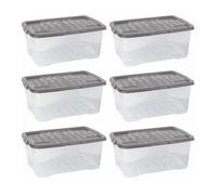 Strata 6 x 42 Litres Curve Plastic Stackable Storage Box & Lid with clip-on lids, 6 Pack, Multi storage box for home and office storage solution Clear Box, Grey Lid, (25cm H x 40cm W x 60cm D)
