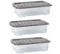 Strata 3 x 30 Litres Curve Plastic Stackable Storage Box & Lid with clip-on lids, 3 Pack, Multi storage box for home and office storage solution Clear Box, Grey Lid, (17cm H x 40cm W x 60cm D)