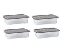 Strata 4 x 30 Litres Curve Plastic Stackable Storage Box & Lid with clip-on lids, 4 Pack, Multi storage box for home and office storage solution Clear Box, Grey Lid, (17cm H x 40cm W x 60cm D)