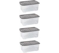 Strata 4 x 42 Litres Curve Plastic Stackable Storage Box & Lid with clip-on lids, 4 Pack, Multi storage box for home and office storage solution Clear Box, Grey Lid, (25cm H x 40cm W x 60cm D)