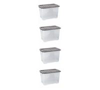 Strata 4 x 65 Litres Curve Plastic Stackable Storage Box & Lid with clip-on lids, 4 Pack, Multi storage box for home and office storage solution Clear Box, Grey Lid, (37cm H x 40cm W x 60cm D)