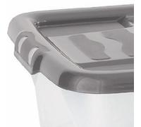 Strata 4 x 80 Litres Curve Plastic Stackable Storage Box & Lid with clip-on lids, 4 Pack, Multi storage box for home and office storage solution Clear Box, Grey Lid, (37cm H x 40cm W x 80cm D)