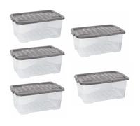 Strata 5 x 42 Litres Curve Plastic Stackable Storage Box & Lid with clip-on lids, 5 Pack, Multi storage box for home and office storage solution Clear Box, Grey Lid, (25cm H x 40cm W x 60cm D)