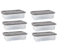 Strata 6 x 30 Litres Curve Plastic Stackable Storage Box & Lid with clip-on lids, 6 Pack, Multi storage box for home and office storage solution Clear Box, Grey Lid, (17cm H x 40cm W x 60cm D)