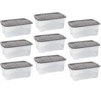Strata 9 x 42 Litres Curve Plastic Stackable Storage Box & Lid with clip-on lids, 9 Pack, Multi storage box for home and office storage solution Clear Box, Grey Lid, (25cm H x 40cm W x 60cm D)