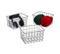 Relaxdays Storage Basket, 3x Set, Organiser, Wire, Metal, Cube, HxWxD: 15.5 x 28 x 20 cm, Office, Kitchen, Black, Iron, 3 items