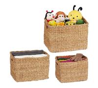 Relaxdays Box, Seagrass, Set of 3, 3, Bathroom & Nursery Storage, Square Woven Baskets, Natural, Plant fibre, Various sizes