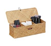 Relaxdays Storage Box, with Lid, Seagrass, 3 Compartments, Versatile Storage, HxWxD: 11 x 33 x 12.5 cm, Basket, Natural
