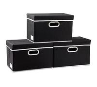 Storage Boxes with Lids,Collapsible Linen Fabric Storage Box,Decorative Bins,Really Useful Box,Clothing Storage,Stackable,38x25x25cm,Black[3-Pack]