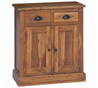Storage Cabinet Natural Solid Wood Teak 65 x 30 x 75 cm with 2 Drawers and Doors, Compact Vintage Multi-Purpose Cabinet for Living Room, Dining Room, Office, Space Saving Storage Space