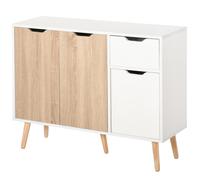 Storage Cabinet Sideboard Natural Particleboard 72x90x30cm White Legs 4Door Draw
