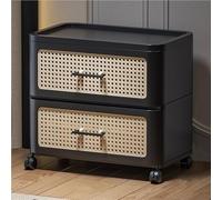 Storage Cabinet with Rattan Weaving Doors - 2-Tier Nightstand on Wheels, Stackable Design, Ideal for Living Room, Stylish Home Storage Solution, PP+PS Materials