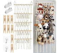 Storage Cuddly Toys Bohemian Style - 4-Layer Macrame Cuddly Toy with Seamless Nail Hooks Wooden Pegs Net for Stuffed Animals Toy Organiser Hammock Net for Children's Room Bedroom