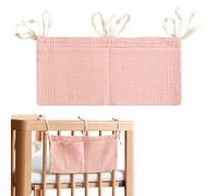 Storage Hanging Organiser Bag Bedside Hanging Storage Bag with 2 Pockets Milk Bottle Bibs Pouch Crib Pouch Adjustable Cotton Diaper Organizer Dormitory Bed Organizing for Clothes Toys (Light Pink)