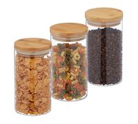 Relaxdays Jars in Set of Three, Bamboo Airtight Lids, 1000ml Each, Dry Food Storage, Glass, Transparent/Brown, Set of 3