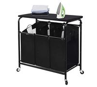 STORAGE MANIAC 3-Section Laundry Sorter with Foldable Ironing Board, Heavy-Duty Rolling Laundry Cart with and Removable Bags, Triple Laundry Hamper with Wheels, Matte Black