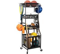 STORAGE MANIAC Ball Storage Bin Rolling Sports Ball Cart, Metal Garage Organizer Sport Rack Basketball Storage Cage for Garage or Gym, Indoor & Outdoor Sports Equipment Organizer with Shelves