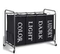 STORAGE MANIAC Laundry Sorter, Laundry Divider with Side Pockets, Multi Laundry Separator Hamper with Removable Bags and Rolling Lockable Wheels, Laundry Organizer Hamper, 4 Section Black
