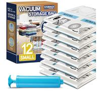 Storage Master Space Saver Bags for Travel and Home Reusable Vacuum Storage Bags Save 80% More Storage Space Work with Vacuum Cleaner (12 Small with Hand Pump)