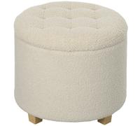 Storage Ottoman Cream Teddy Fleece 45cm Round Footstool with Pine Legs Lid 31.8L