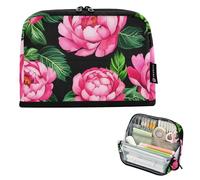 Storage Pencil Bags Pink Peony Floral Green Leaves Black Zipper Pencil Case Large Pencils Pouch Classroom Pen Bag Boys Japanese College Preppy School Office Supplies