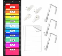 Storage Pocket Chart, Heavy Duty Wall File Organization Folder with 10 Clear File Pockets, 10 Blank Name Stickers Plus 3 Metal Hangers & 4 Hooks for Files, Bills, Classroom & Office (Black, 14” X 47”)