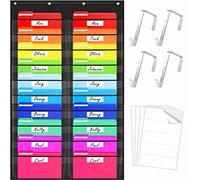 Storage Pocket Chart, Heavy Duty Wall File Organization Folder with 20 Clear File Pockets, 20 Blank Dry-Erase Name Stickers Plus 4 Over Door Hooks for Files, Classroom & Office (Black, 28.5” X 47”)