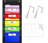Storage Pocket Chart, Heavy Duty Wall File Organization Folder with 5 Clear File Pockets, 5 Blank Dry-Erase Name Stickers Plus 2 Over Door Hooks for Files, Bills, Classroom & Office (Black, 14” X 28”)