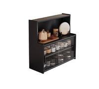 Storage Shelves Wooden Desktop Bookshelf with Push Pull Sliding Tempered Glass Doors, Adjustable Small, Freestanding Desk Storage Organiser for Office Home Organizer(Black Varnish)