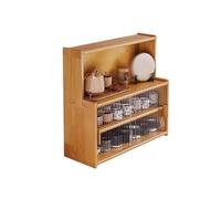 Storage Shelves Wooden Desktop Bookshelf with Push Pull Sliding Tempered Glass Doors, Adjustable Small, Freestanding Desk Storage Organiser for Office Home Organizer(Cherry Wood Colour)