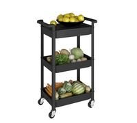 Storage Trolley on Wheels Kitchen Vegetable Trolleys Plastic 3-Tier Trolley for Book Beauty Art Craft Makeup Toy Trolleys with Plastic Shelves Rolling Utility Storage Cart for Bathroom Office, Black