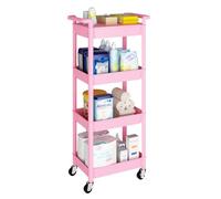 Storage Trolley on Wheels Kitchen Vegetable Trolleys Plastic 4-Tier Trolley for Book Beauty Art Craft Makeup Toy Trolleys with Plastic Shelves Rolling Utility Storage Cart for Bathroom Office, Pink