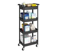 Storage Trolley on Wheels Kitchen Vegetable Trolleys Plastic 4-Tier Trolley for Book Beauty Art Craft Makeup Toy Trolleys with Plastic Shelves Rolling Utility Storage Cart for Bathroom Office, Black