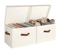 StorageWorks Fabric Storage Boxes with Lids, Extra Large Wardrobe Storage Organiser with Handles, Foldable Storage Basket, White Storage Boxes with Lids for Organising Clothes, Ivory White, 2-Pack
