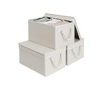 StorageWorks Fabric Storage Boxes with Lids, Foldable Storage Basket for Wardrobe Organising Clothes, Large Storage Bins with Lids and Soft Rope Handles, Mixing of Beige, White & Lvory, 3-Pack