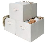 StorageWorks Large Storage Boxes for Wardrobe, Rectangular Storage Baskets for Shelves, Closet Organizers with Handles, Foldable Closet Storage Bins for Linen Closet, Beige Stripes, 3-Pack