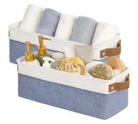 StorageWorks Narrow Storage Basket, Small Fabric Storage for Shelves, Deco Slim Storage Boxes for Clothes, Collapsible Baskets with Handles, Toilet Paper Boxes for Bathroom, Blue and White, 2-Pack