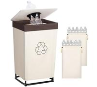 StorageWorks Recycling Bin with Lid, 29Gal Large Recycling Bin for Kitchen, Indoor Recycling Bins with 2 Reusable Washable Bags for Bottles and Cans, Steel Frame Fabric Sorter, 110L, Beige