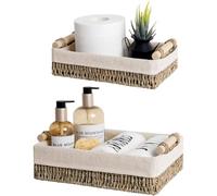 StorageWorks Seagrass Baskets for Shelves, Wicker Storage Organiser, Storage Baskets with Wooden Handles, Wicker Storage Boxes with Liner for Organising Bathroom Living Room, Set of 2