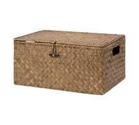 StorageWorks Seagrass Storage Box, Large Wicker Basket with Lid, Handcrafted Woven Storage Box for Organising Pantry, Living Room, Shelf Storage Box with Built-in Handles, Brown, 1 Pack