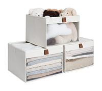 StorageWorks Shelf Storage Boxes, Clothes Storage Boxes with Clear Window and Handles, Foldable Storage Baskets for Shelves, Fabric Clothes Wardrobe Organiser for Bedroom, Beige, 3 Pack