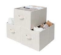 StorageWorks Shelf Storage Boxes, Large Storage Baskets for Shelves, Rectangular Wardrobe Organisers with Handles, Foldable Closet Storage Baskets for Utility Room, Beige Stripes, 3-Pack