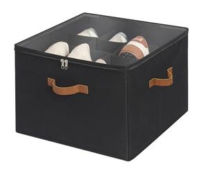 StorageWorks Shoe Organiser, Fits up to 16 Pairs, Foldable Wardrobe Shoe Storage, Fabric Shoe Organiser Box with Clear Cover, Adjustable Dividers for Shoe Storage, Shoe Cube Organizer, Black